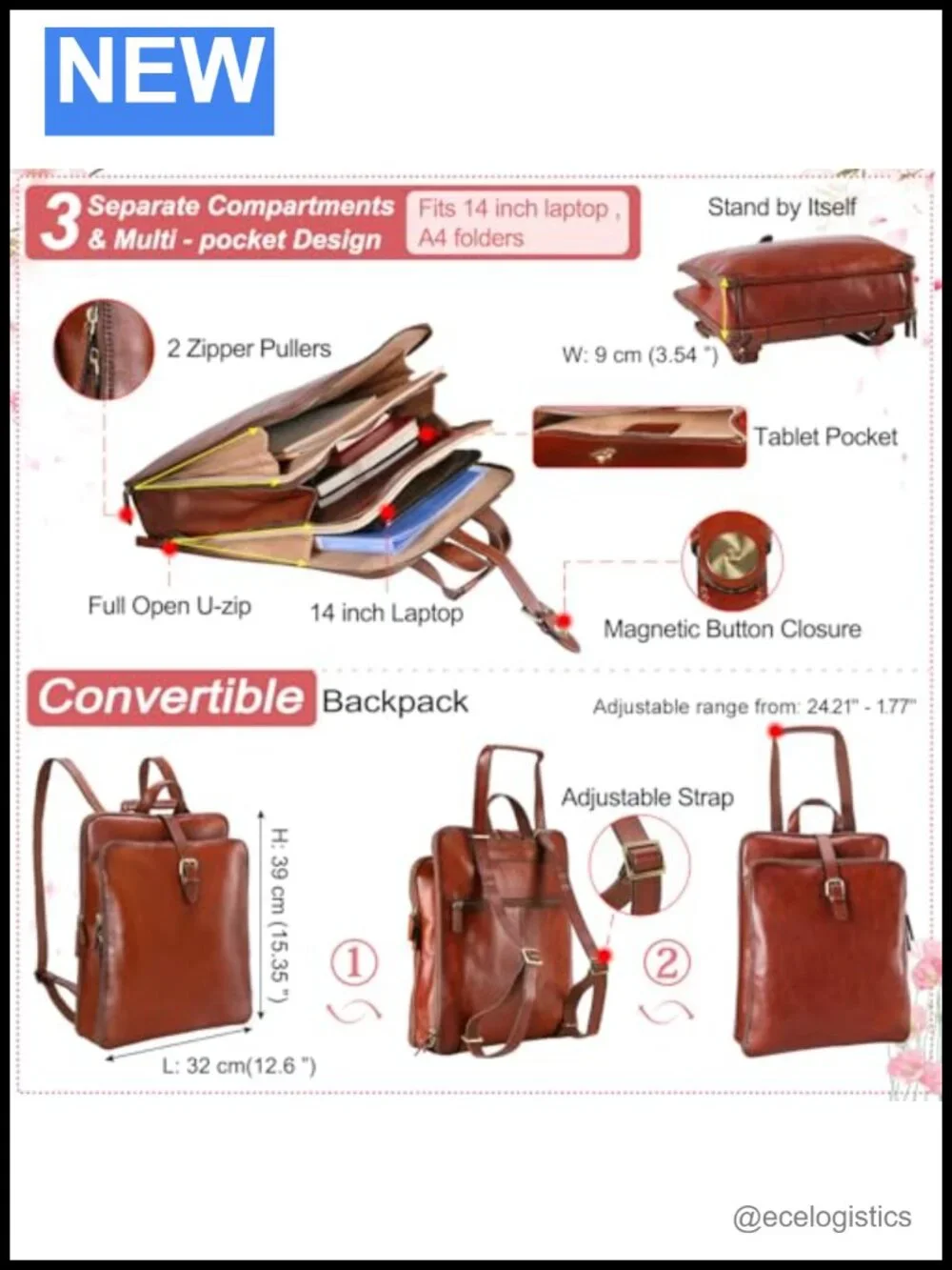 Italian Full Grain Leather Convertible Backpack Purse Laptop Travel